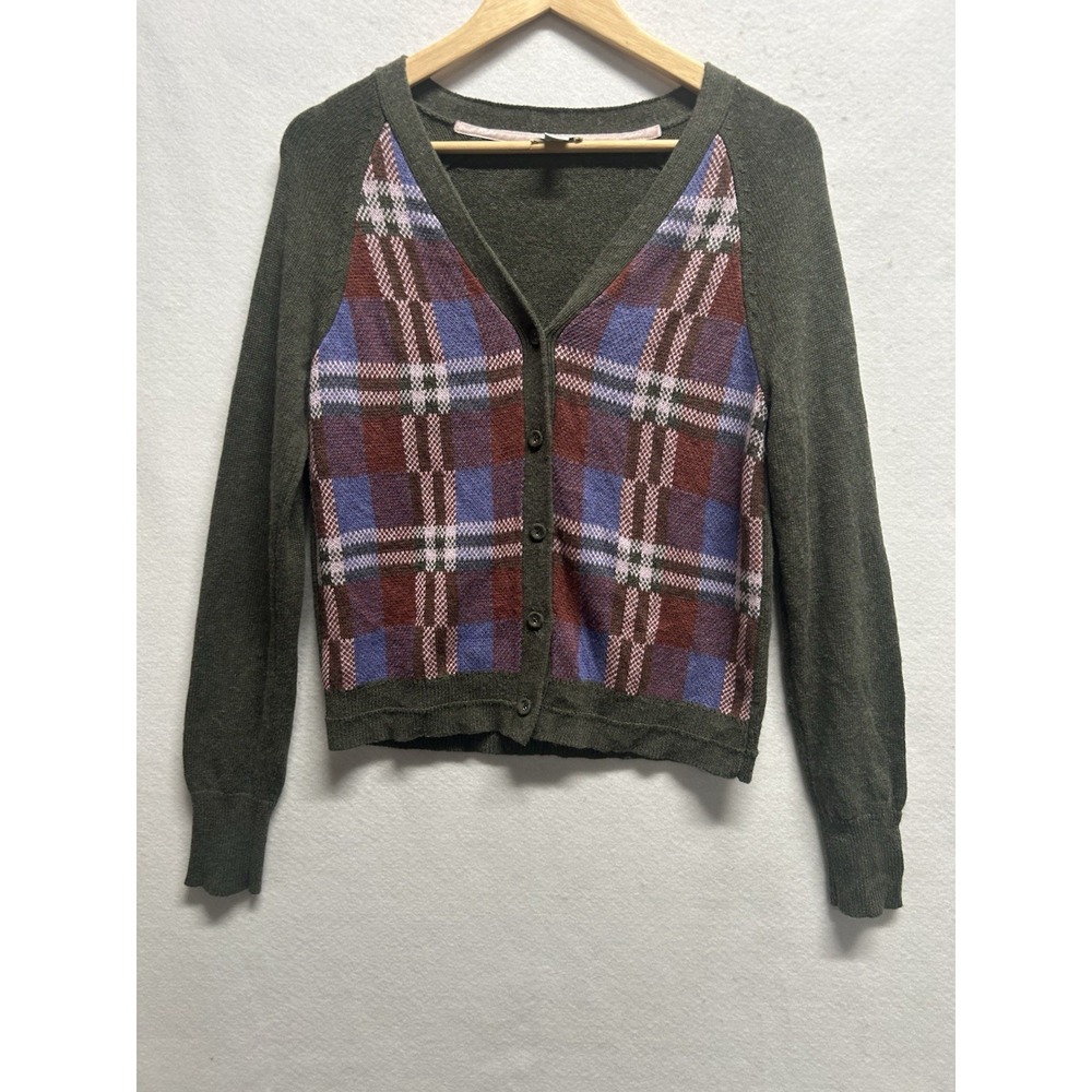 Sundance Clare Plaid Cardigan Button Sweater Sz S Green Multi Cotton Boho Plaid